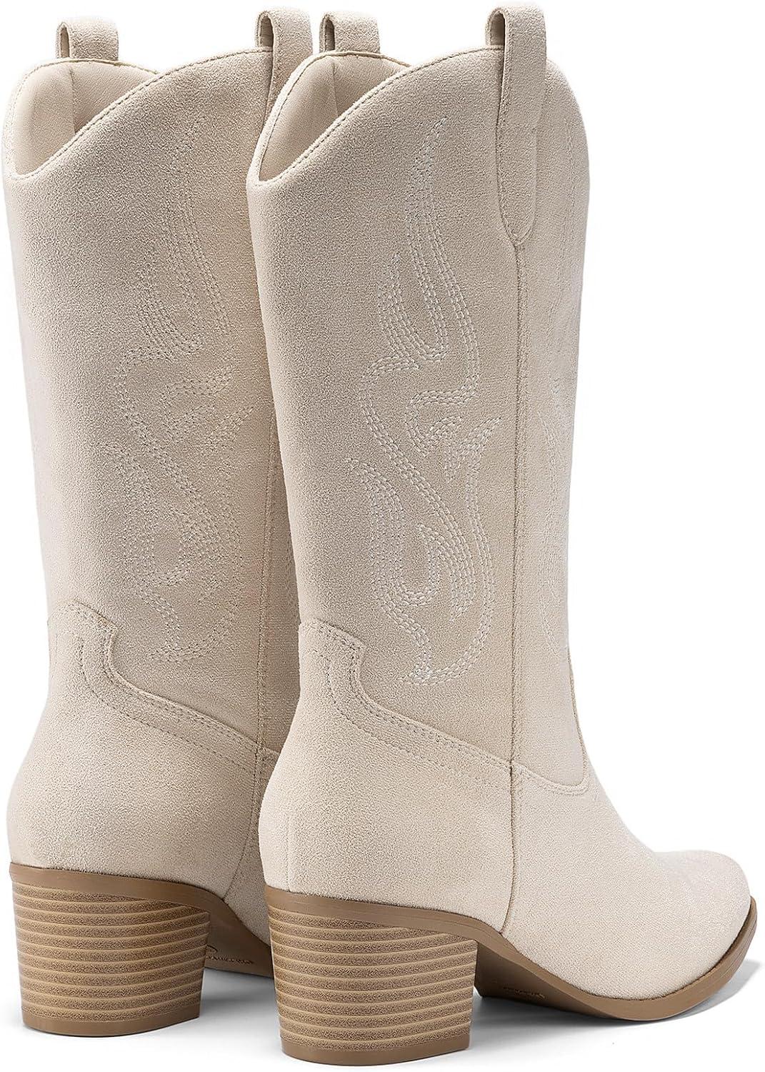 imageDREAM PAIRS Womens Square Toe Cowboy Mid Calf Western BootsBeige