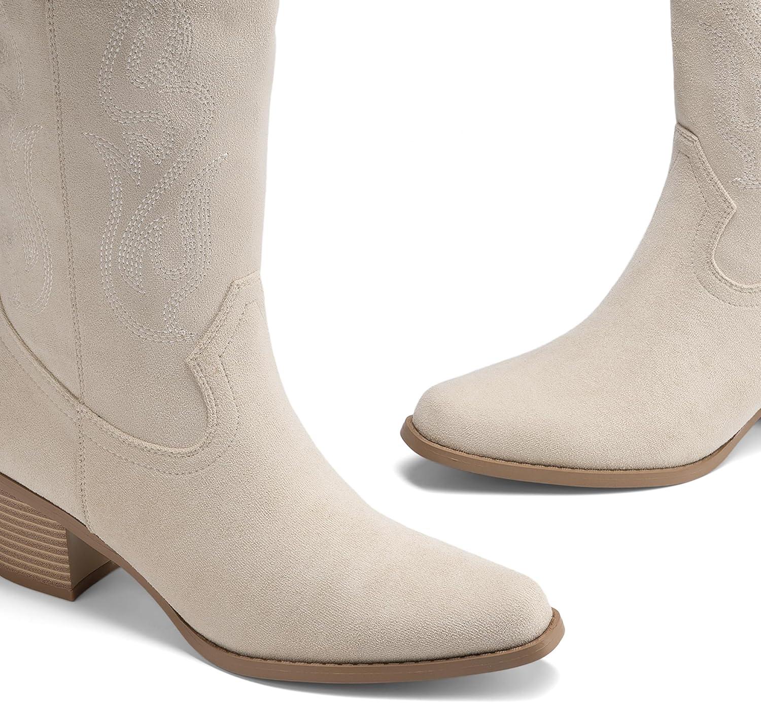 imageDREAM PAIRS Womens Square Toe Cowboy Mid Calf Western BootsBeige