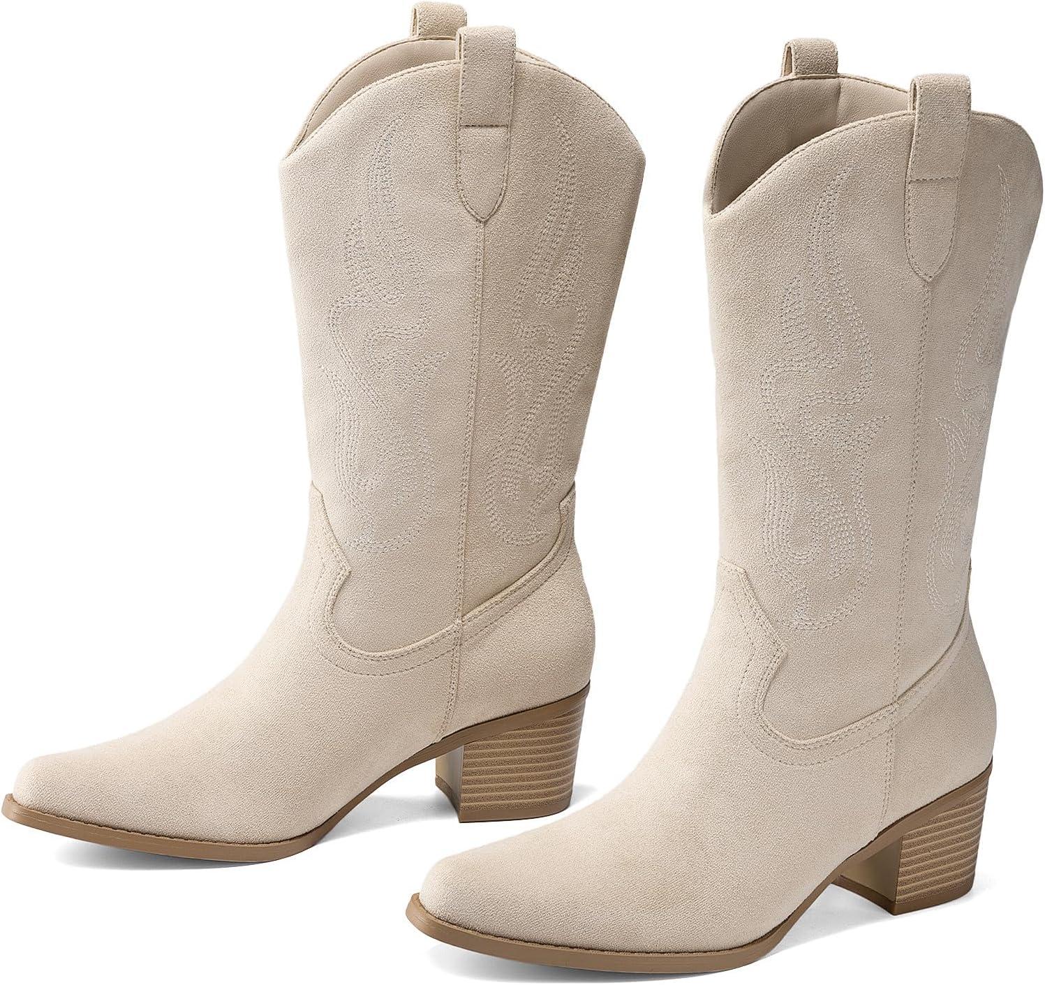 imageDREAM PAIRS Womens Square Toe Cowboy Mid Calf Western BootsBeige
