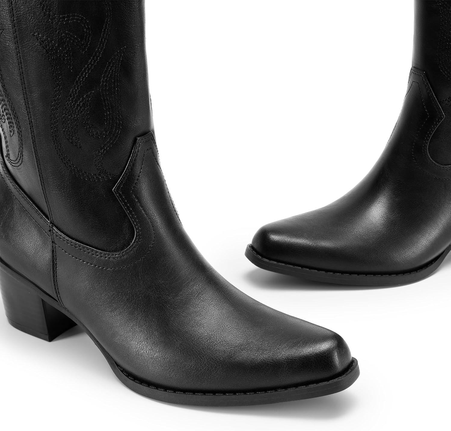 imageDREAM PAIRS Womens Square Toe Cowboy Mid Calf Western BootsBlackpu