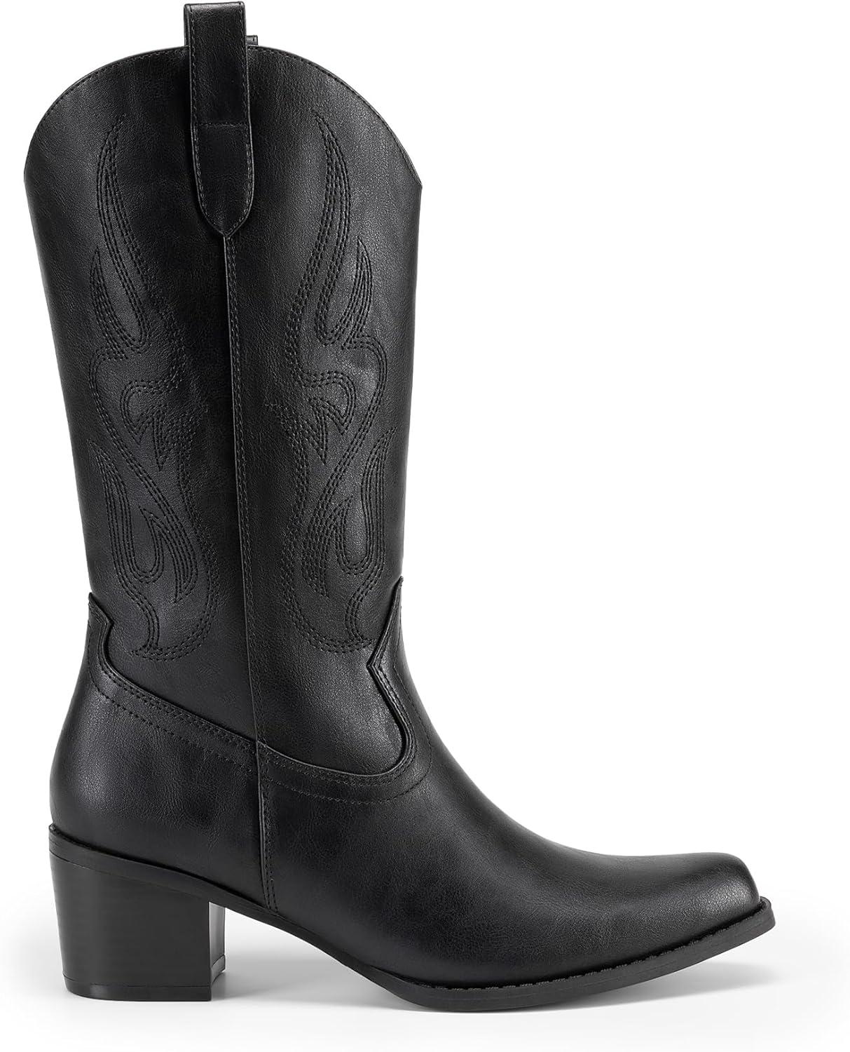 imageDREAM PAIRS Womens Square Toe Cowboy Mid Calf Western BootsBlackpu