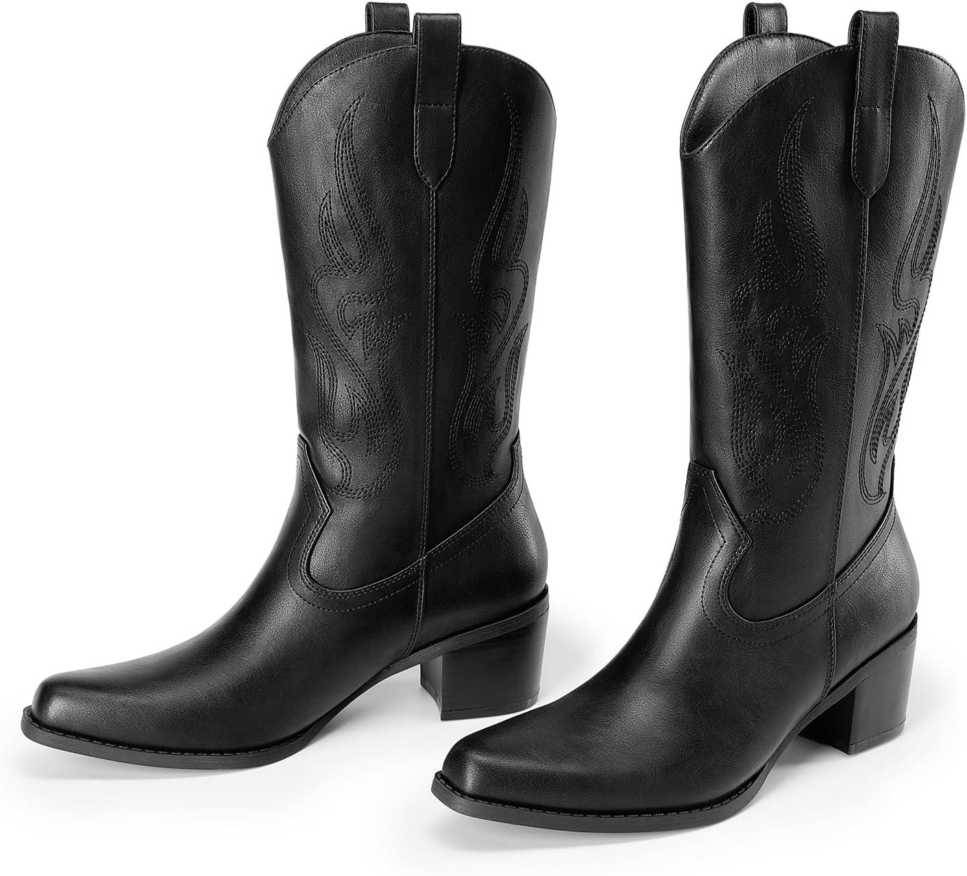 imageDREAM PAIRS Womens Square Toe Cowboy Mid Calf Western BootsBlackpu