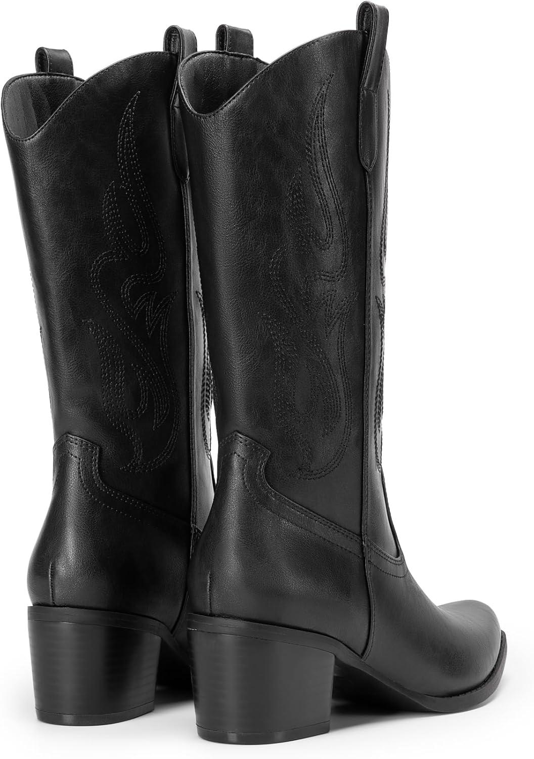 imageDREAM PAIRS Womens Square Toe Cowboy Mid Calf Western BootsBlackpu