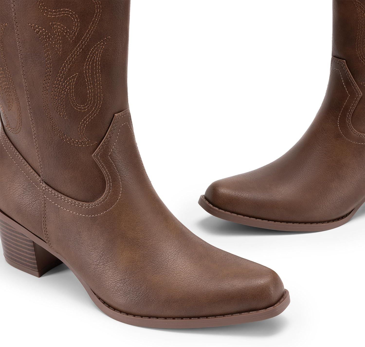 imageDREAM PAIRS Womens Square Toe Cowboy Mid Calf Western BootsBrownpu
