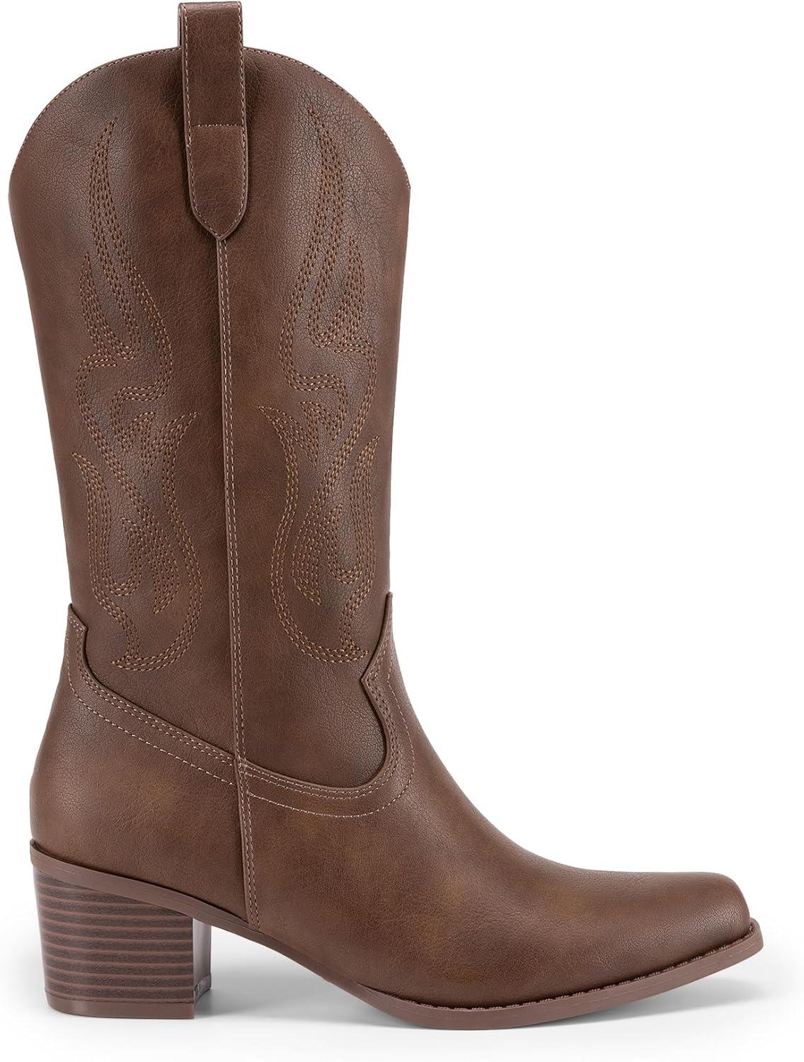 imageDREAM PAIRS Womens Square Toe Cowboy Mid Calf Western BootsBrownpu