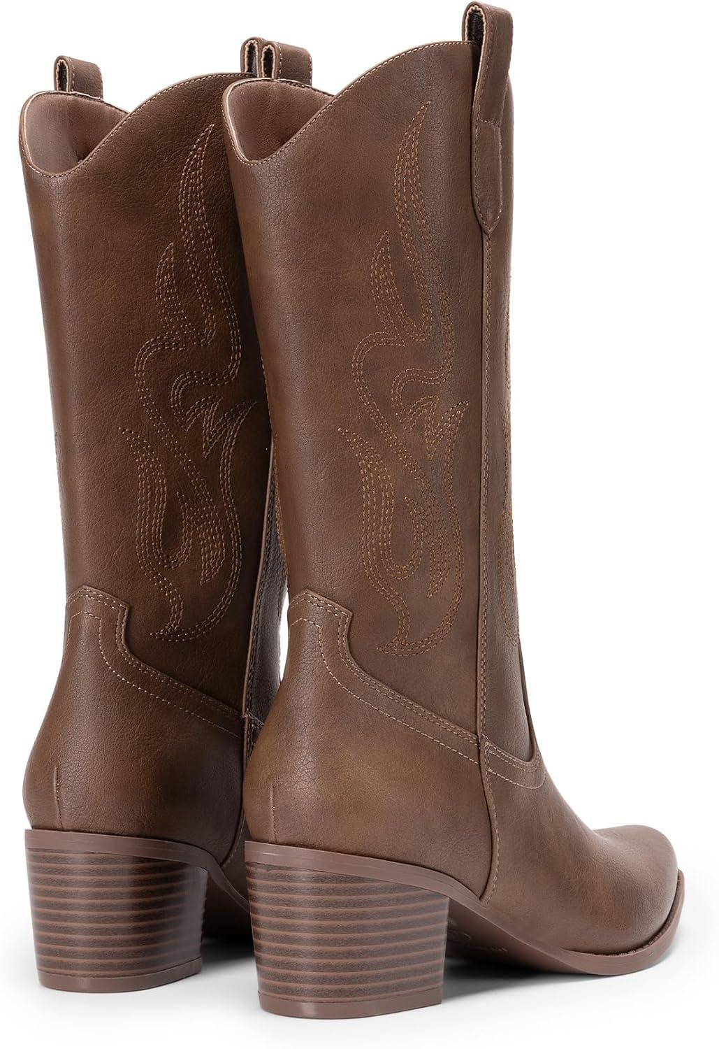 imageDREAM PAIRS Womens Square Toe Cowboy Mid Calf Western BootsBrownpu