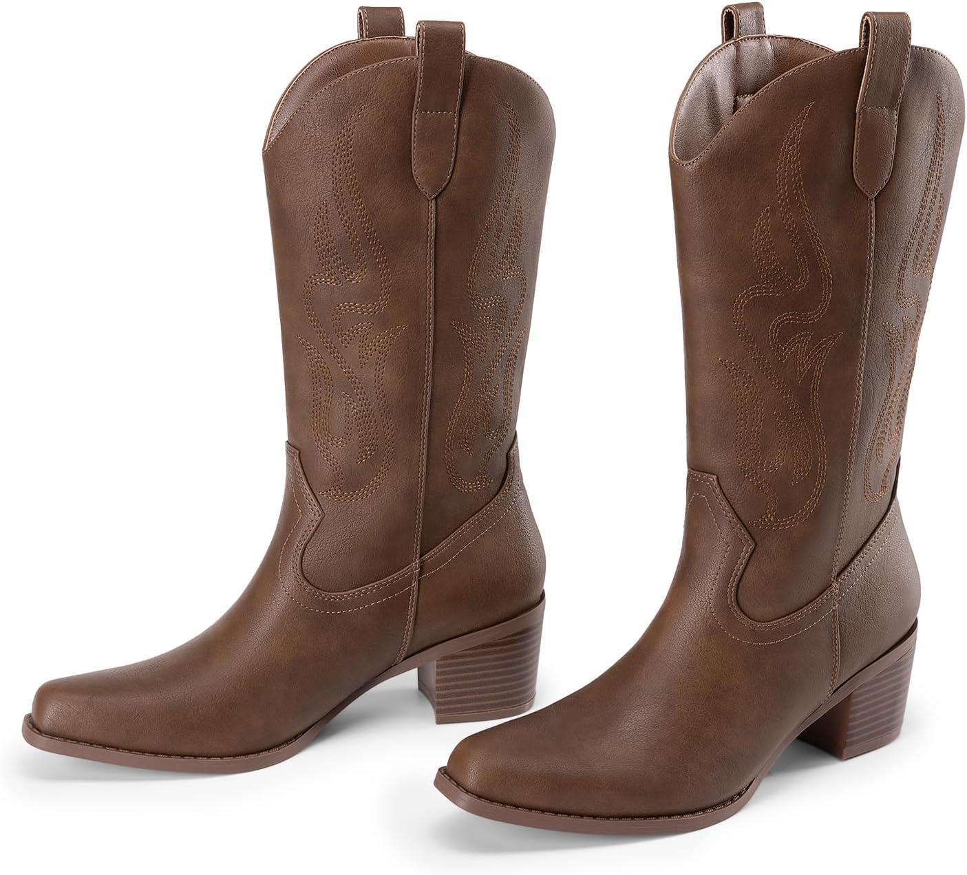 imageDREAM PAIRS Womens Square Toe Cowboy Mid Calf Western BootsBrownpu