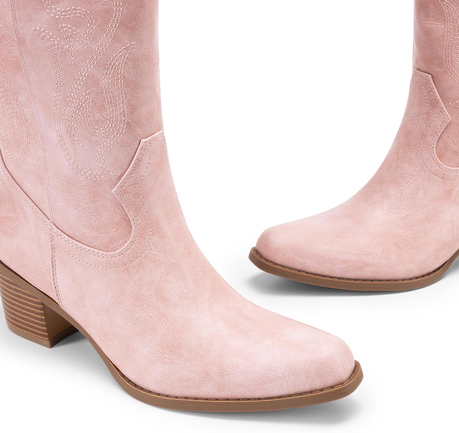 imageDREAM PAIRS Womens Square Toe Cowboy Mid Calf Western BootsPinkpu