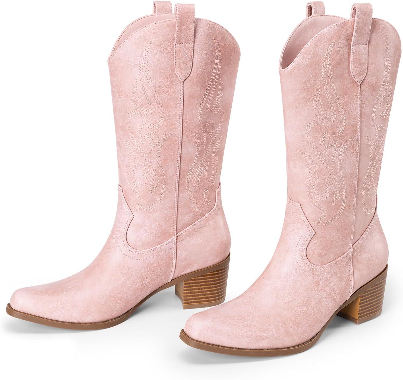 imageDREAM PAIRS Womens Square Toe Cowboy Mid Calf Western BootsPinkpu