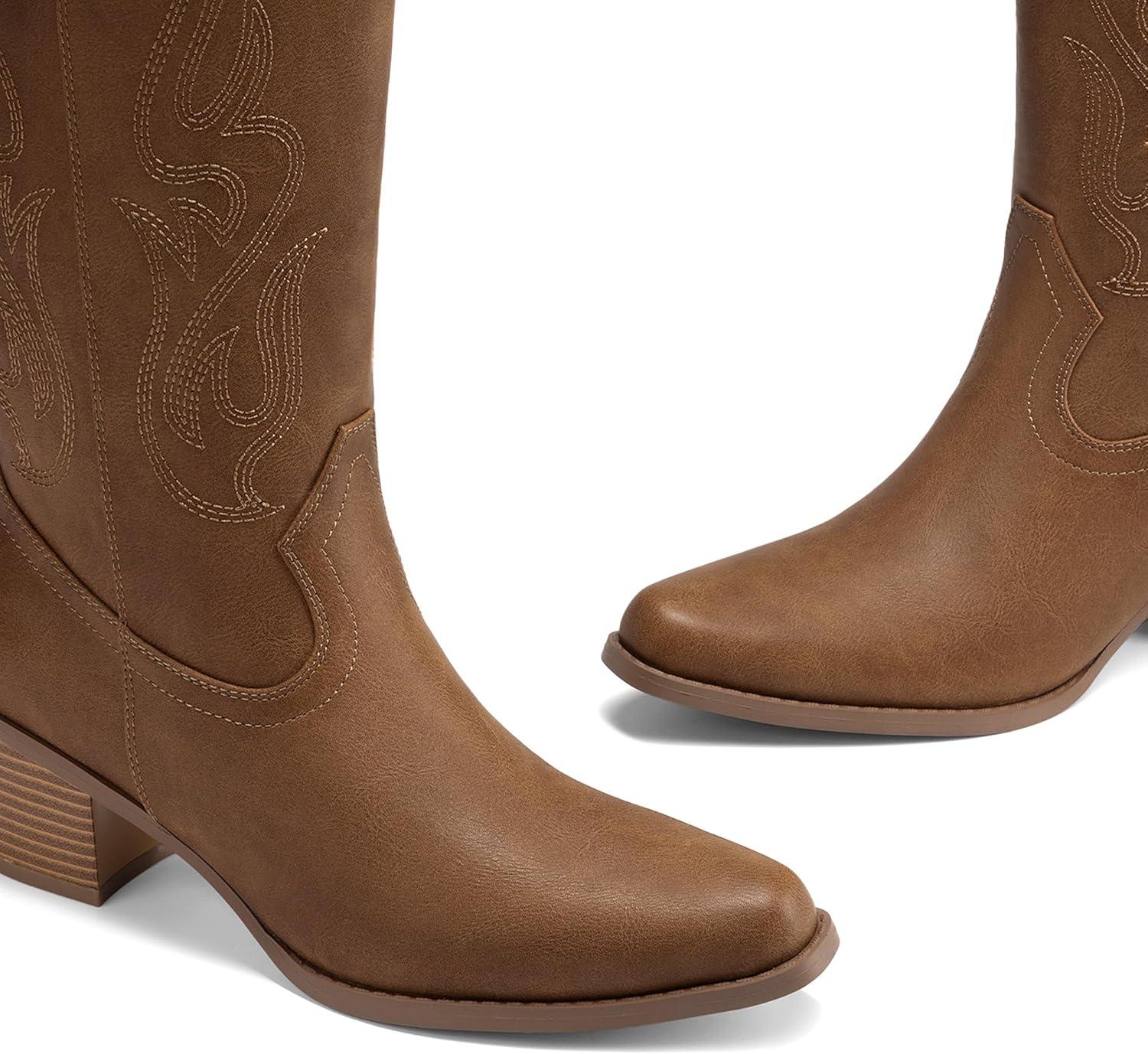 imageDREAM PAIRS Womens Square Toe Cowboy Mid Calf Western BootsTan