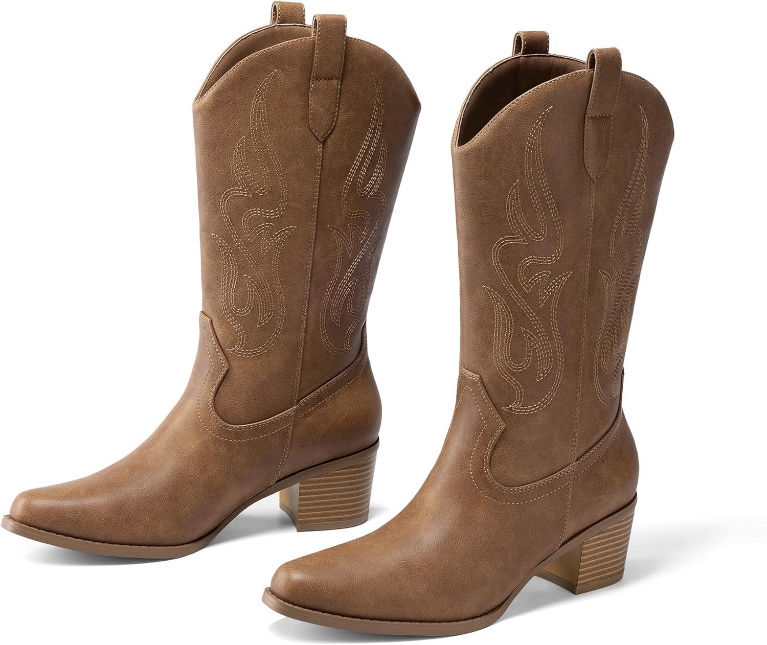 imageDREAM PAIRS Womens Square Toe Cowboy Mid Calf Western BootsTan