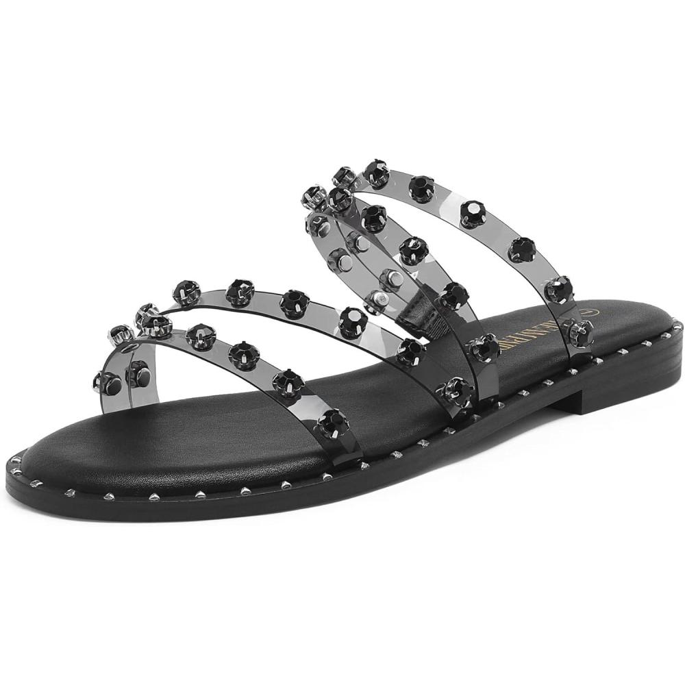 imageDREAM PAIRS Womens Clear Studded Rhinestone Slide Sandals Slip on Open Toe Cute Flat Sandals for SummerBlackClearRhinestone