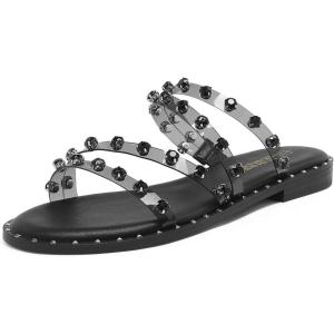 DREAM PAIRS Women’s Clear Studded Rhinestone Slide Sandals Slip on Open Toe Cute Flat Sandals for Summer(Black/Clear/Rhinestone)