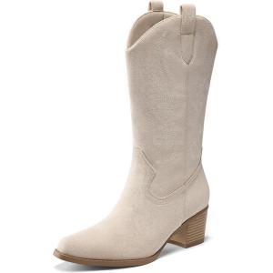 DREAM PAIRS Women’s Square Toe Cowboy Mid Calf Western Boots(Beige)