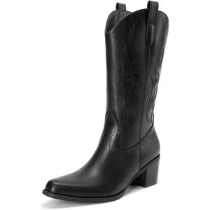 DREAM PAIRS Women’s Square Toe Cowboy Mid Calf Western Boots(Black-pu)
