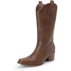 DREAM PAIRS Women’s Square Toe Cowboy Mid Calf Western Boots(Brown-pu)
