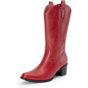 DREAM PAIRS Women’s Square Toe Cowboy Mid Calf Western Boots(Red-pu)