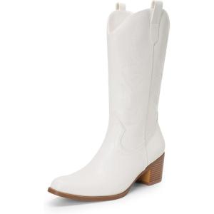 DREAM PAIRS Women’s Square Toe Cowboy Mid Calf Western Boots(White-pu)