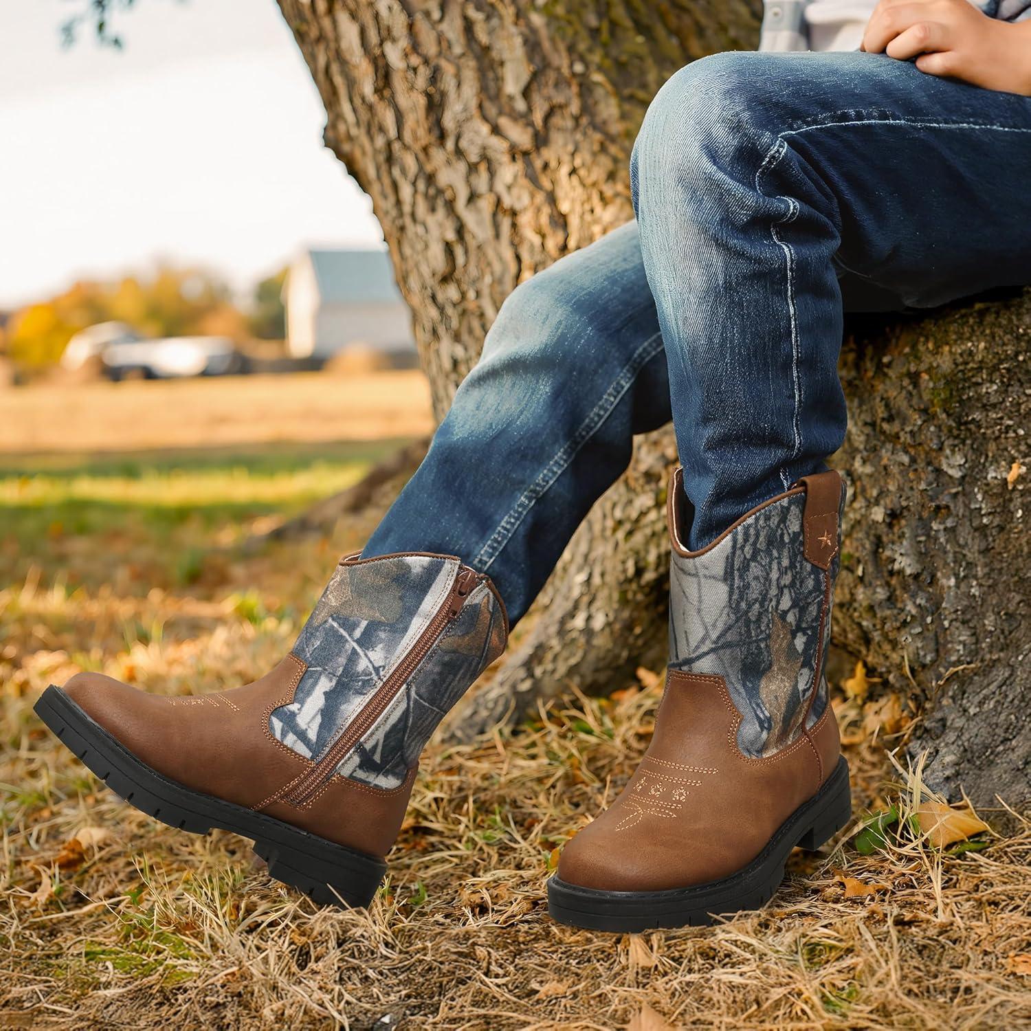 imageDREAM PAIRS Boys Girls Cowboy Boots Kids Western Riding Mid Calf Boots with Side Zipper ToddlerLittle KidBig KidBrownCamo
