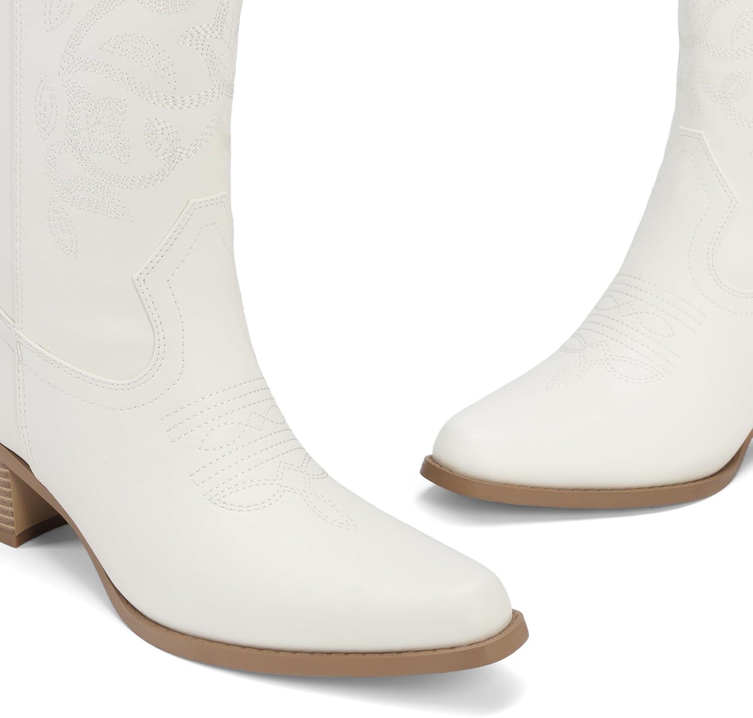 imageDREAM PAIRS Cowboy Boots for Women Cowgirl Western Boots Fashion Embroidery Stitched Chunky Heel Mid Calf BootsAll White