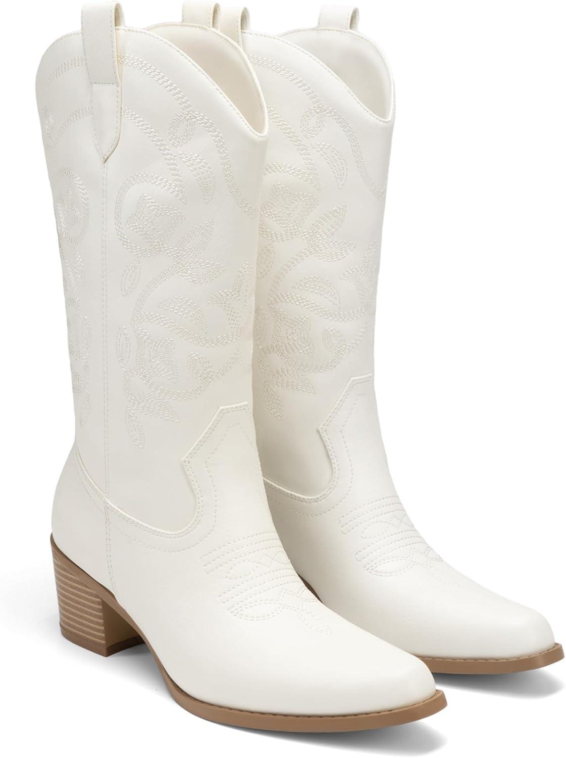 imageDREAM PAIRS Cowboy Boots for Women Cowgirl Western Boots Fashion Embroidery Stitched Chunky Heel Mid Calf BootsAll White