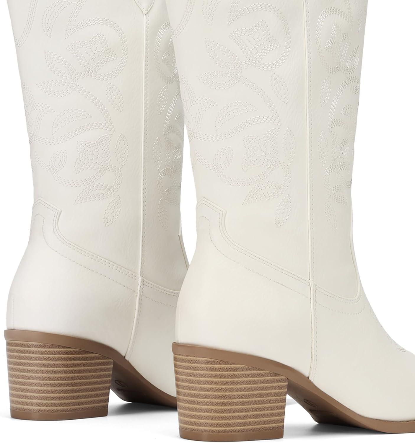 imageDREAM PAIRS Cowboy Boots for Women Cowgirl Western Boots Fashion Embroidery Stitched Chunky Heel Mid Calf BootsAll White