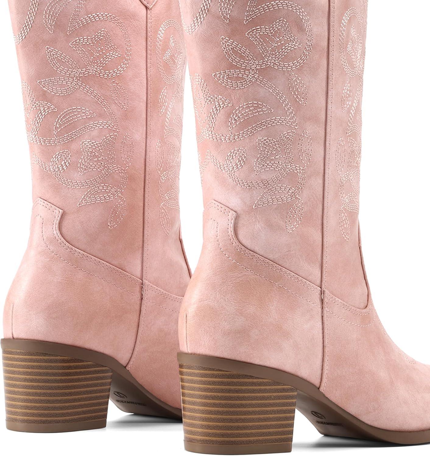 imageDREAM PAIRS Cowboy Boots for Women Cowgirl Western Boots Fashion Embroidery Stitched Chunky Heel Mid Calf BootsLight Pink