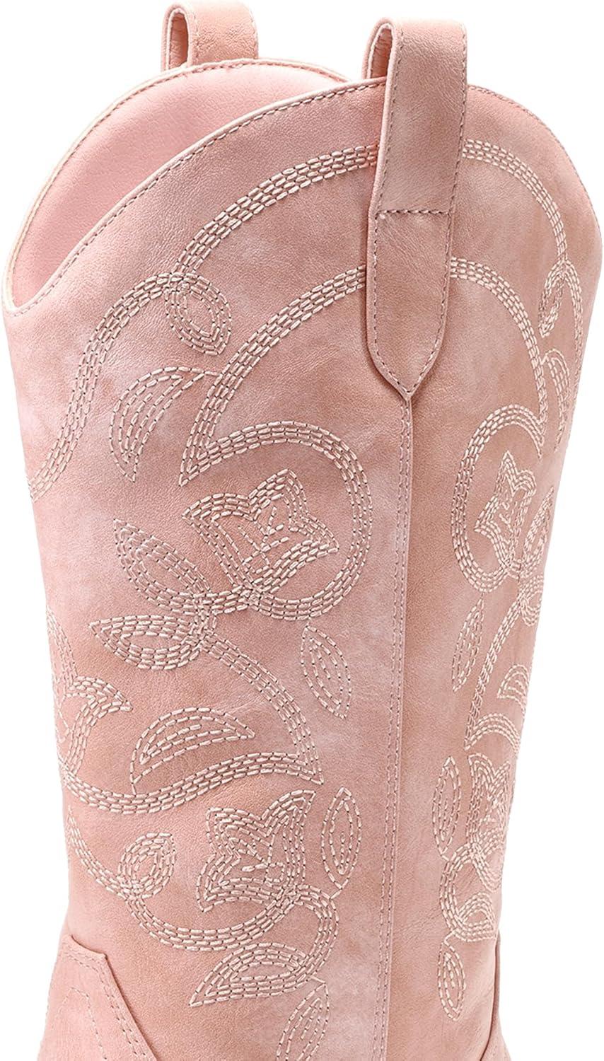 imageDREAM PAIRS Cowboy Boots for Women Cowgirl Western Boots Fashion Embroidery Stitched Chunky Heel Mid Calf BootsLight Pink