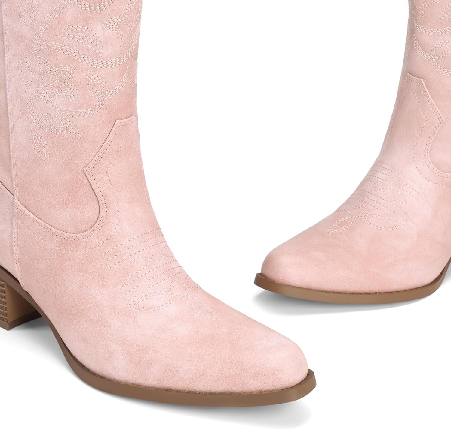 imageDREAM PAIRS Cowboy Boots for Women Cowgirl Western Boots Fashion Embroidery Stitched Chunky Heel Mid Calf BootsLight Pink