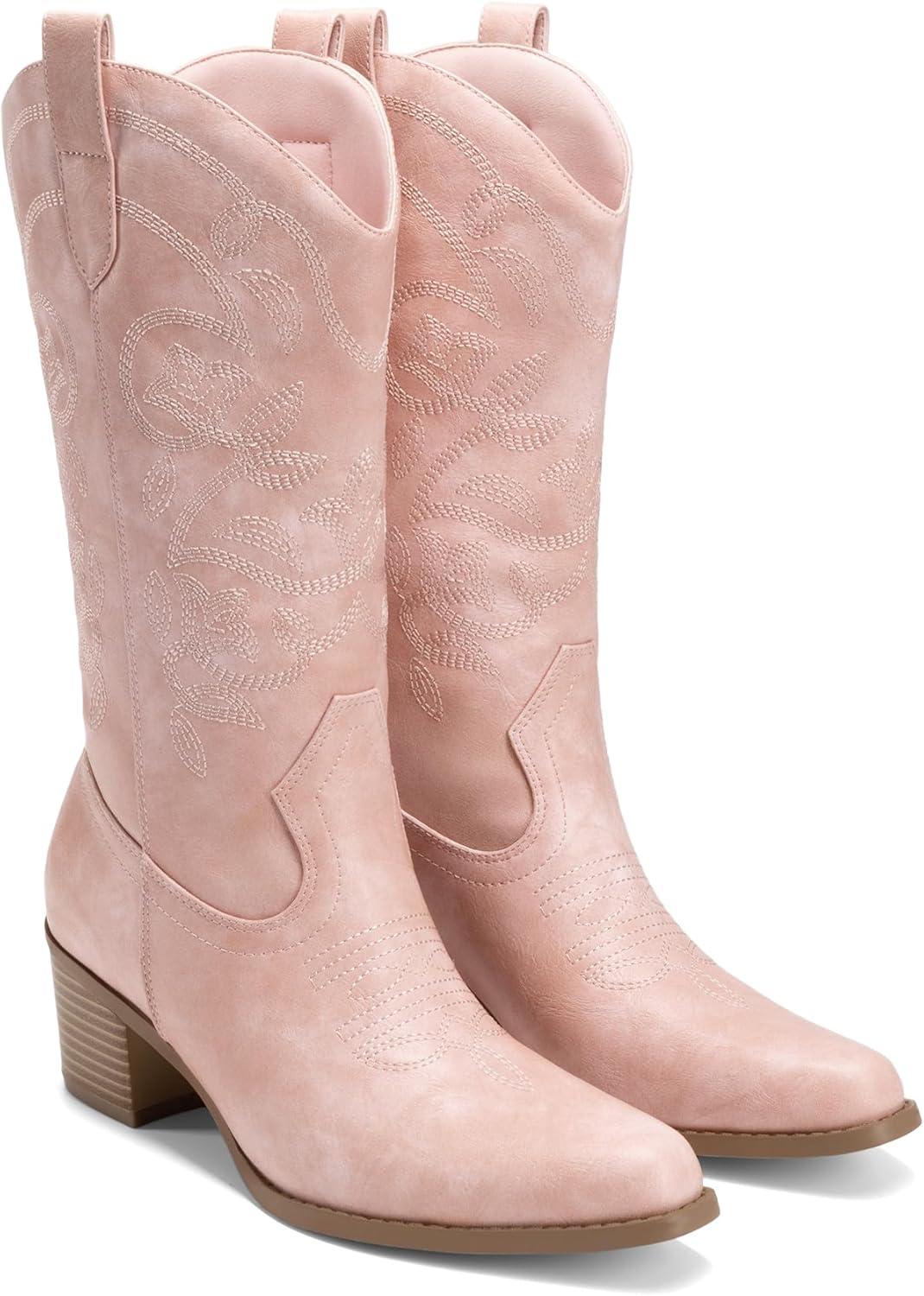 imageDREAM PAIRS Cowboy Boots for Women Cowgirl Western Boots Fashion Embroidery Stitched Chunky Heel Mid Calf BootsLight Pink