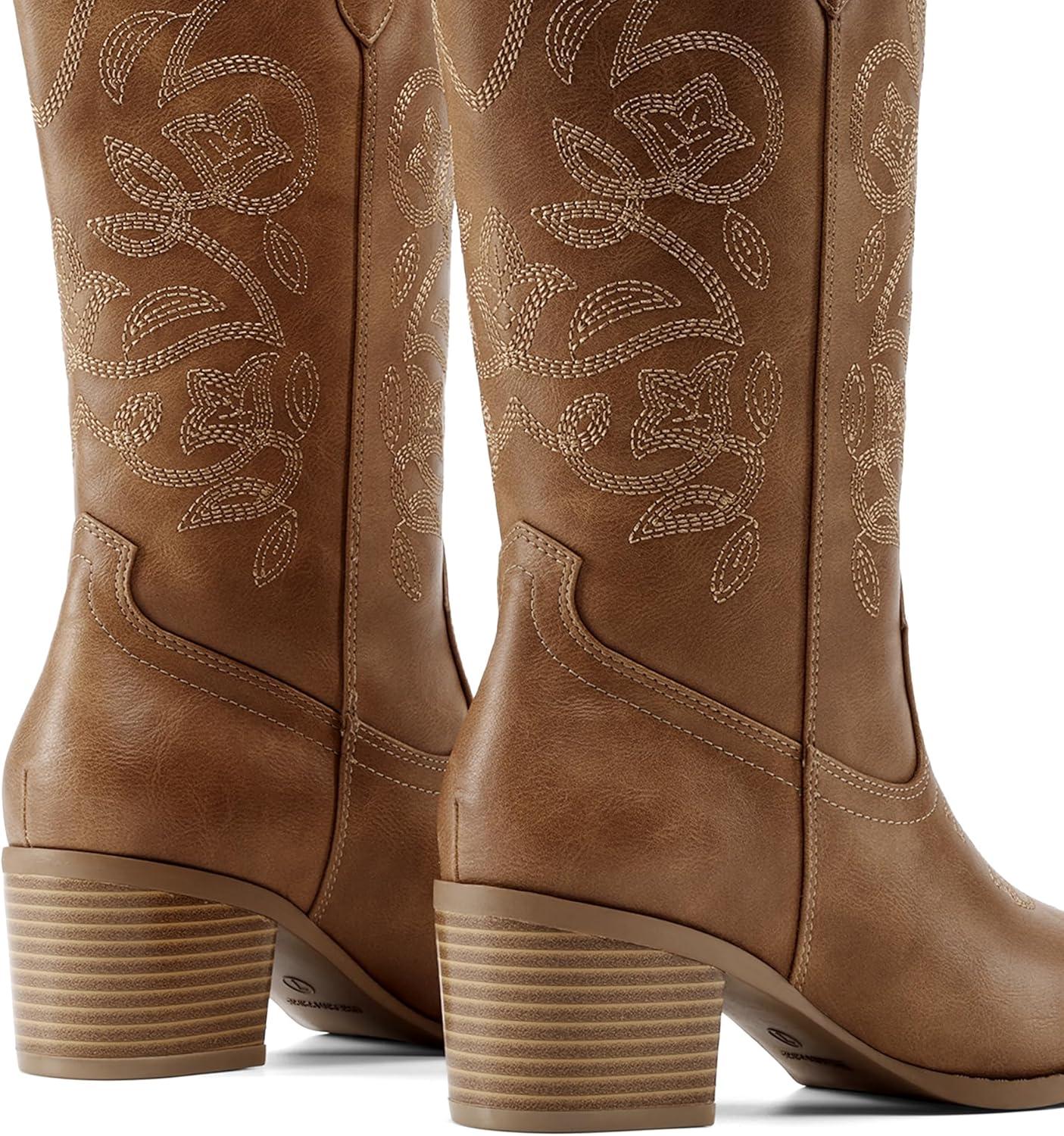 imageDREAM PAIRS Cowboy Boots for Women Cowgirl Western Boots Fashion Embroidery Stitched Chunky Heel Mid Calf BootsTan