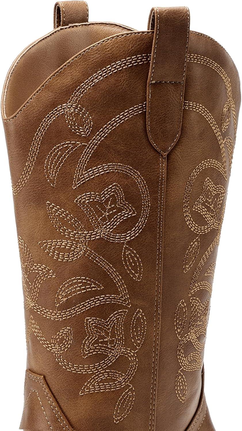 imageDREAM PAIRS Cowboy Boots for Women Cowgirl Western Boots Fashion Embroidery Stitched Chunky Heel Mid Calf BootsTan