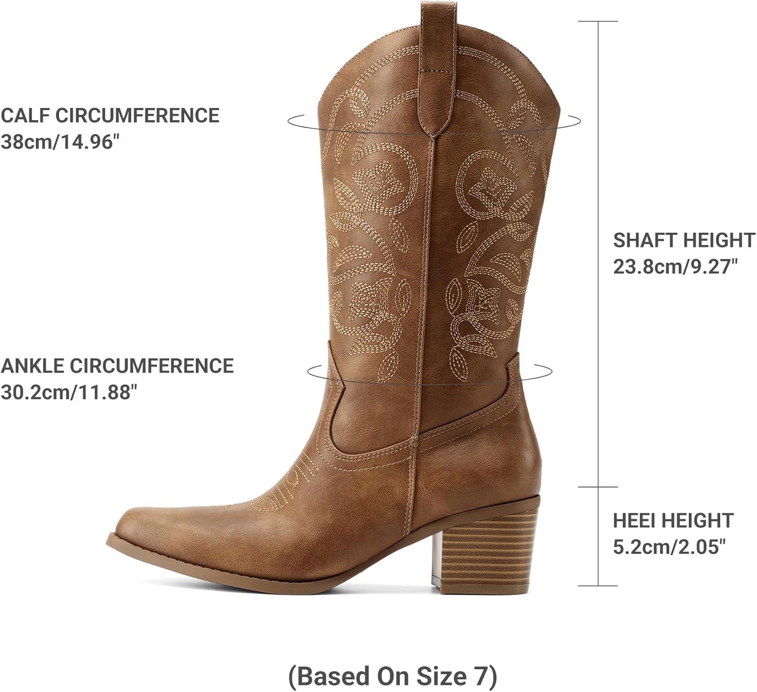 imageDREAM PAIRS Cowboy Boots for Women Cowgirl Western Boots Fashion Embroidery Stitched Chunky Heel Mid Calf BootsTan