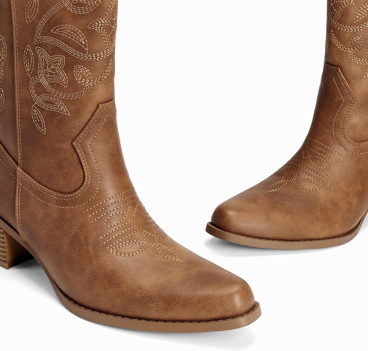 imageDREAM PAIRS Cowboy Boots for Women Cowgirl Western Boots Fashion Embroidery Stitched Chunky Heel Mid Calf BootsTan