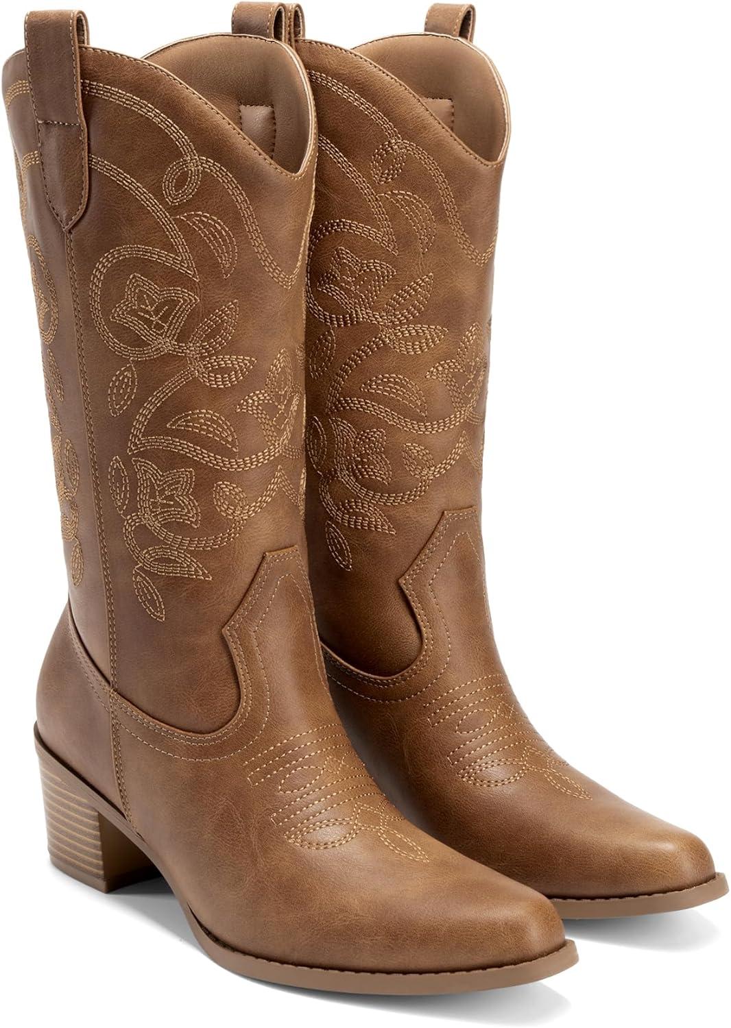 imageDREAM PAIRS Cowboy Boots for Women Cowgirl Western Boots Fashion Embroidery Stitched Chunky Heel Mid Calf BootsTan