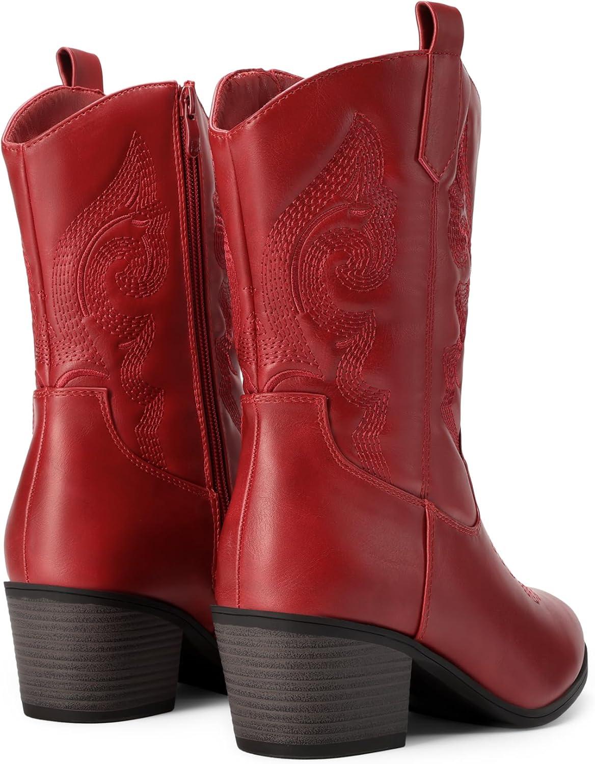 imageDREAM PAIRS Cowboy Boots for Women Mid Calf Cowgirl Boots with Embroidery Round Toe Western Chunky Low Heel ShoesRed