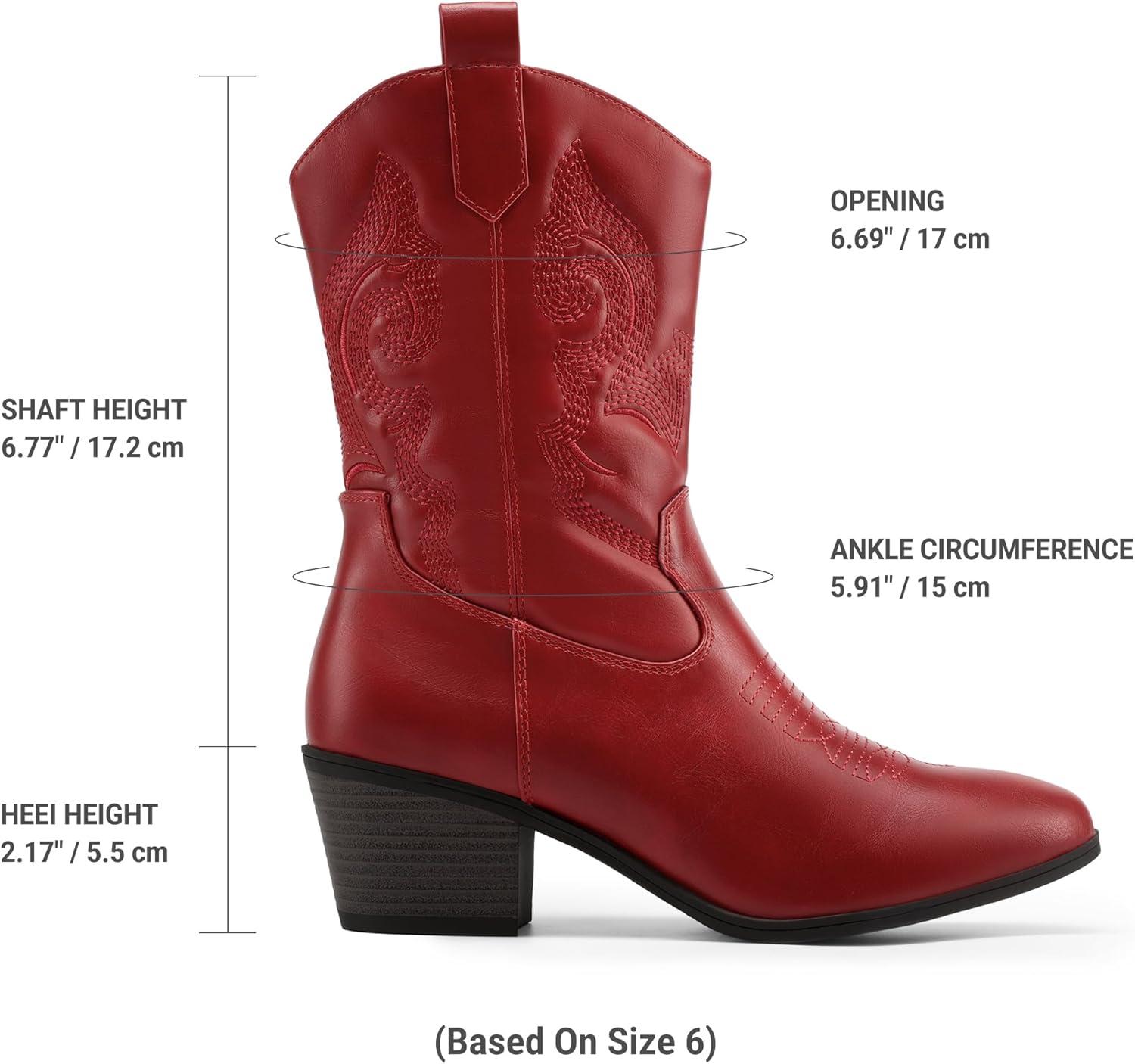 imageDREAM PAIRS Cowboy Boots for Women Mid Calf Cowgirl Boots with Embroidery Round Toe Western Chunky Low Heel ShoesRed
