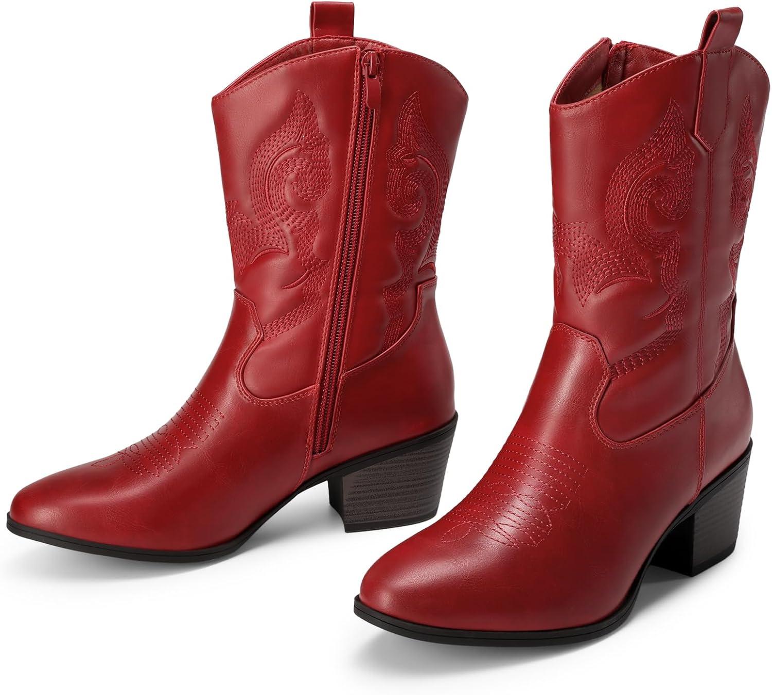 imageDREAM PAIRS Cowboy Boots for Women Mid Calf Cowgirl Boots with Embroidery Round Toe Western Chunky Low Heel ShoesRed