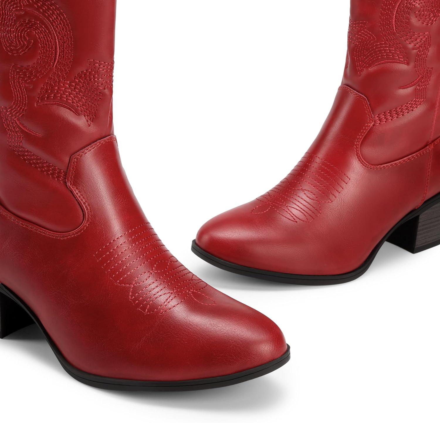 imageDREAM PAIRS Cowboy Boots for Women Mid Calf Cowgirl Boots with Embroidery Round Toe Western Chunky Low Heel ShoesRed