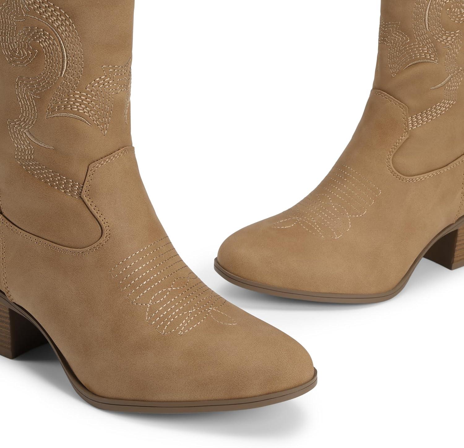 imageDREAM PAIRS Cowboy Boots for Women Mid Calf Cowgirl Boots with Embroidery Round Toe Western Chunky Low Heel ShoesTan