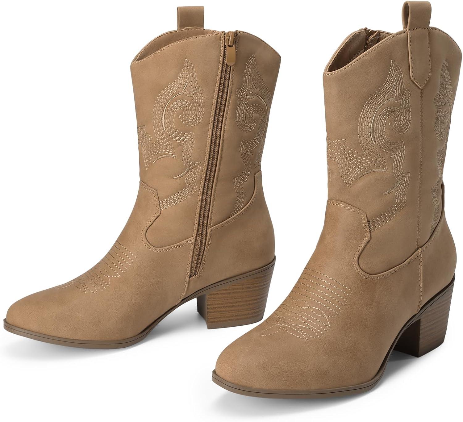 imageDREAM PAIRS Cowboy Boots for Women Mid Calf Cowgirl Boots with Embroidery Round Toe Western Chunky Low Heel ShoesTan