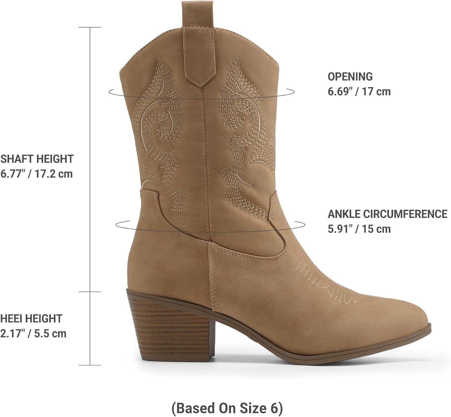 imageDREAM PAIRS Cowboy Boots for Women Mid Calf Cowgirl Boots with Embroidery Round Toe Western Chunky Low Heel ShoesTan