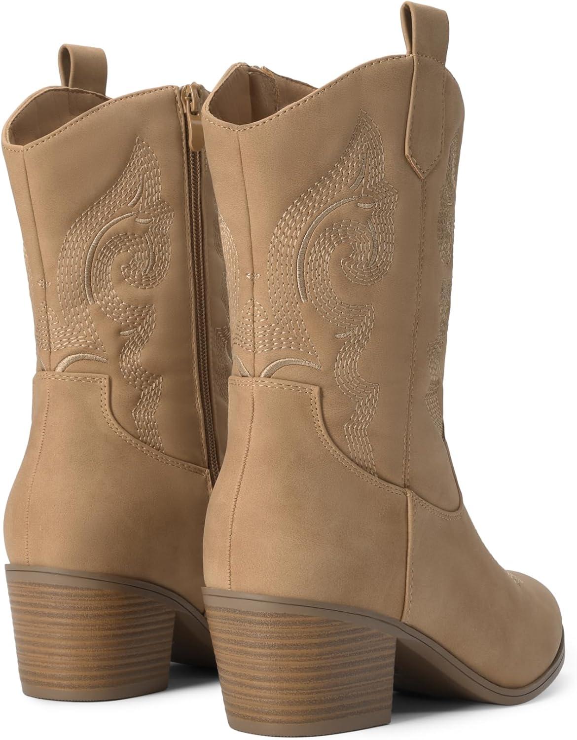 imageDREAM PAIRS Cowboy Boots for Women Mid Calf Cowgirl Boots with Embroidery Round Toe Western Chunky Low Heel ShoesTan