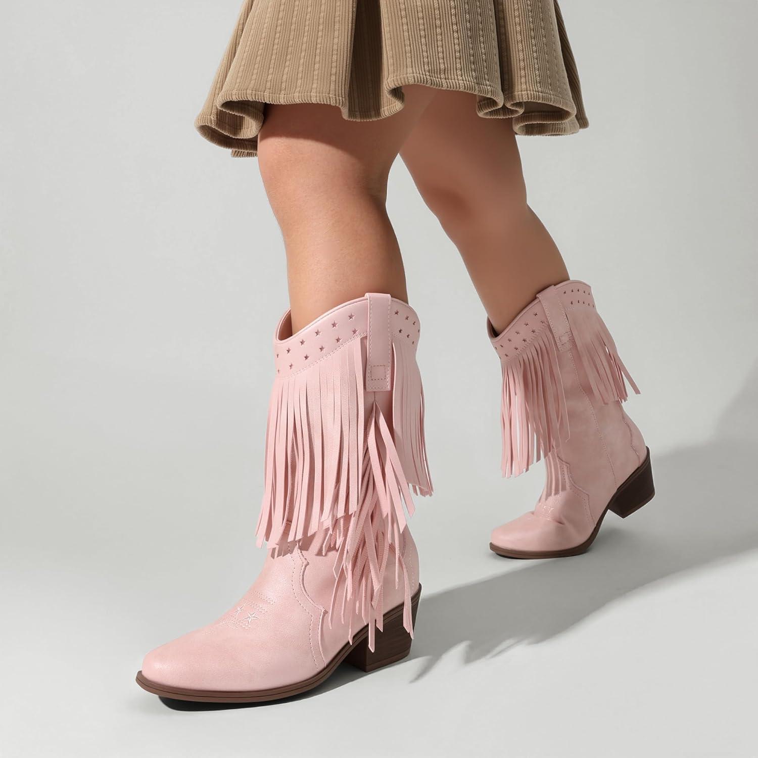 imageDREAM PAIRS Girls Cowboy Boots with Tassel Fringe Cowgirl Boots Kids Western Boots Stylish amp ComfortablePink