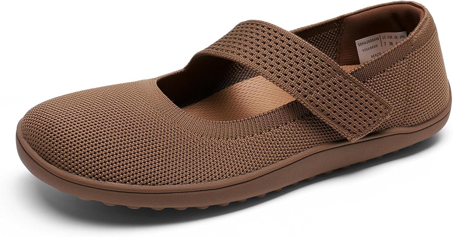 imageDREAM PAIRS Womens Mary Jane Ballet Flats Barefoot Knit Wide Toe Box Arch Support Flat Shoes for Women Dressy Casual Office Business Work Travel WalkBrown