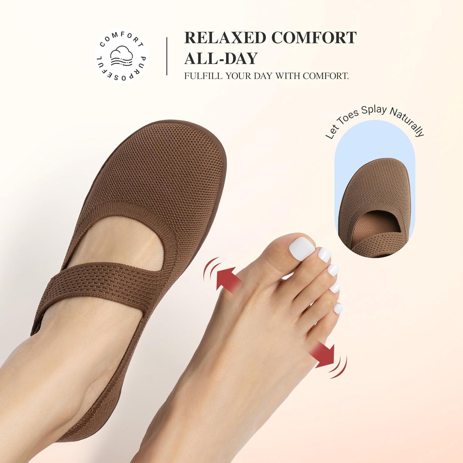 imageDREAM PAIRS Womens Mary Jane Ballet Flats Barefoot Knit Wide Toe Box Arch Support Flat Shoes for Women Dressy Casual Office Business Work Travel WalkBrown