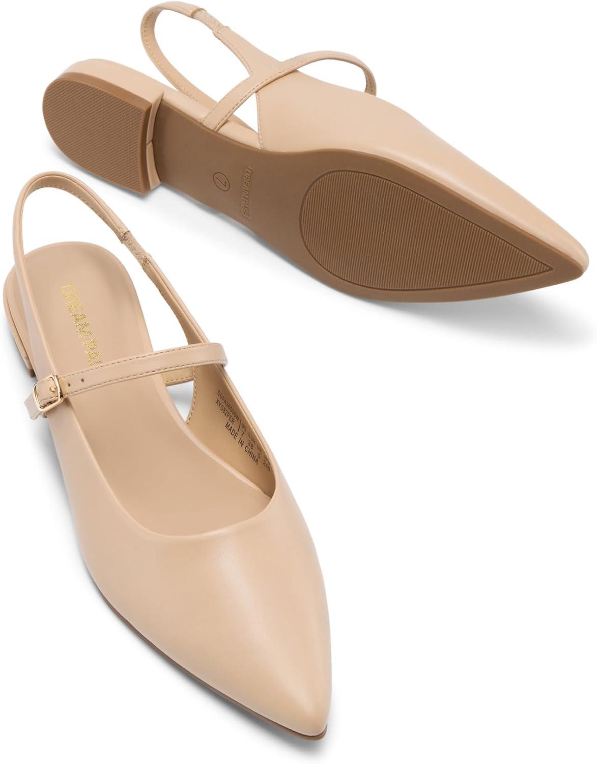 imageDREAM PAIRS Womens Slingback Dress Pointed Toe Flats Ballet Mary Jane Flat Shoes with Buckle Strap Low Heel Dressy FlatsNude