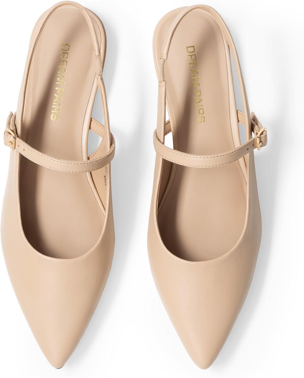 imageDREAM PAIRS Womens Slingback Dress Pointed Toe Flats Ballet Mary Jane Flat Shoes with Buckle Strap Low Heel Dressy FlatsNude