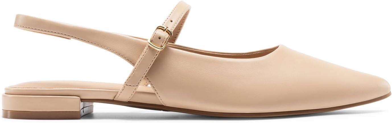 imageDREAM PAIRS Womens Slingback Dress Pointed Toe Flats Ballet Mary Jane Flat Shoes with Buckle Strap Low Heel Dressy FlatsNude
