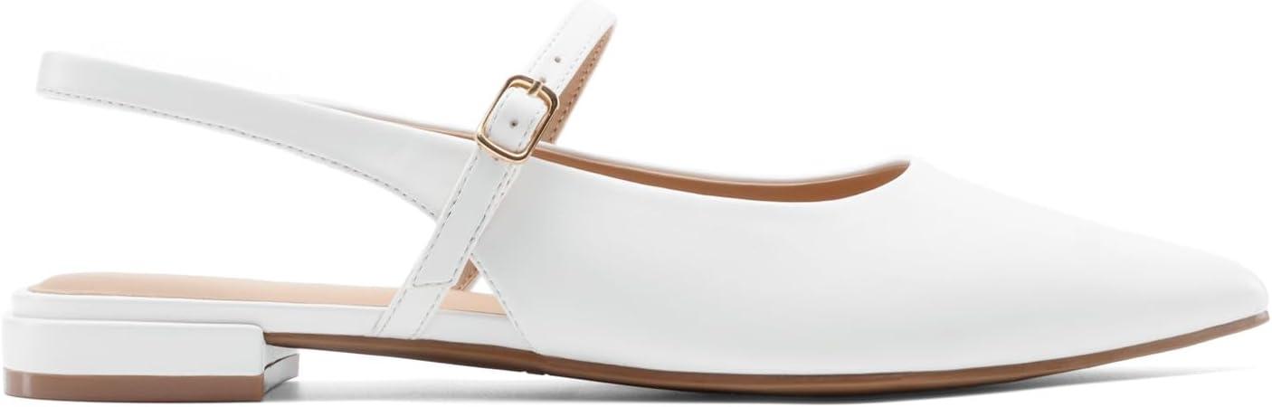 imageDREAM PAIRS Womens Slingback Dress Pointed Toe Flats Ballet Mary Jane Flat Shoes with Buckle Strap Low Heel Dressy FlatsWhite